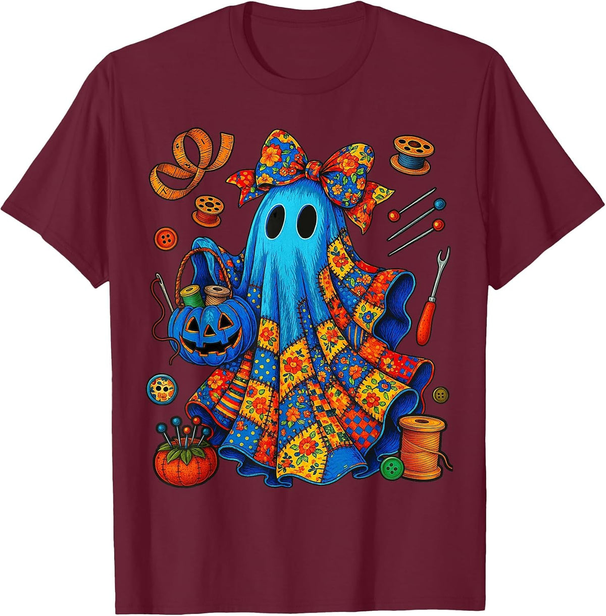 Halloween Boo Ghost Patchwork Quilter Quilting Sewing Womens T-Shirt - Burgundy