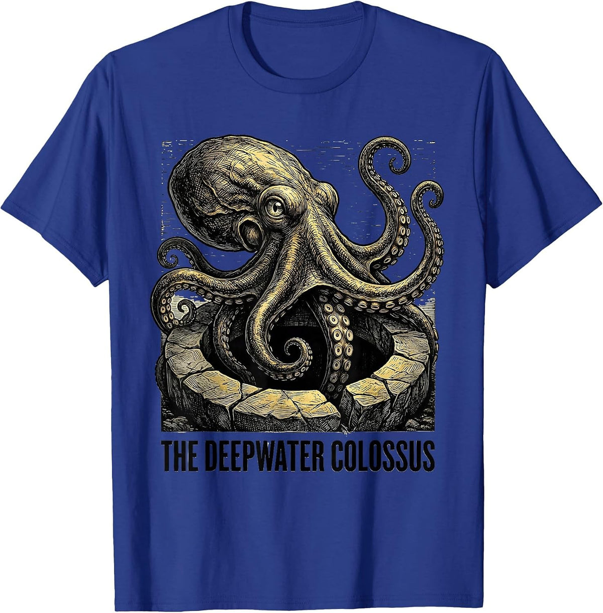 Men's The Deepwater Colossus Woodcut Engraving Octopus Lover T-Shirt - Royal Blue