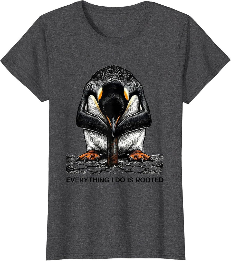 Women's Everything I Do Is Rooted Funny Penguin Martial Arts Humor T-Shirt - Dark Heather Grey