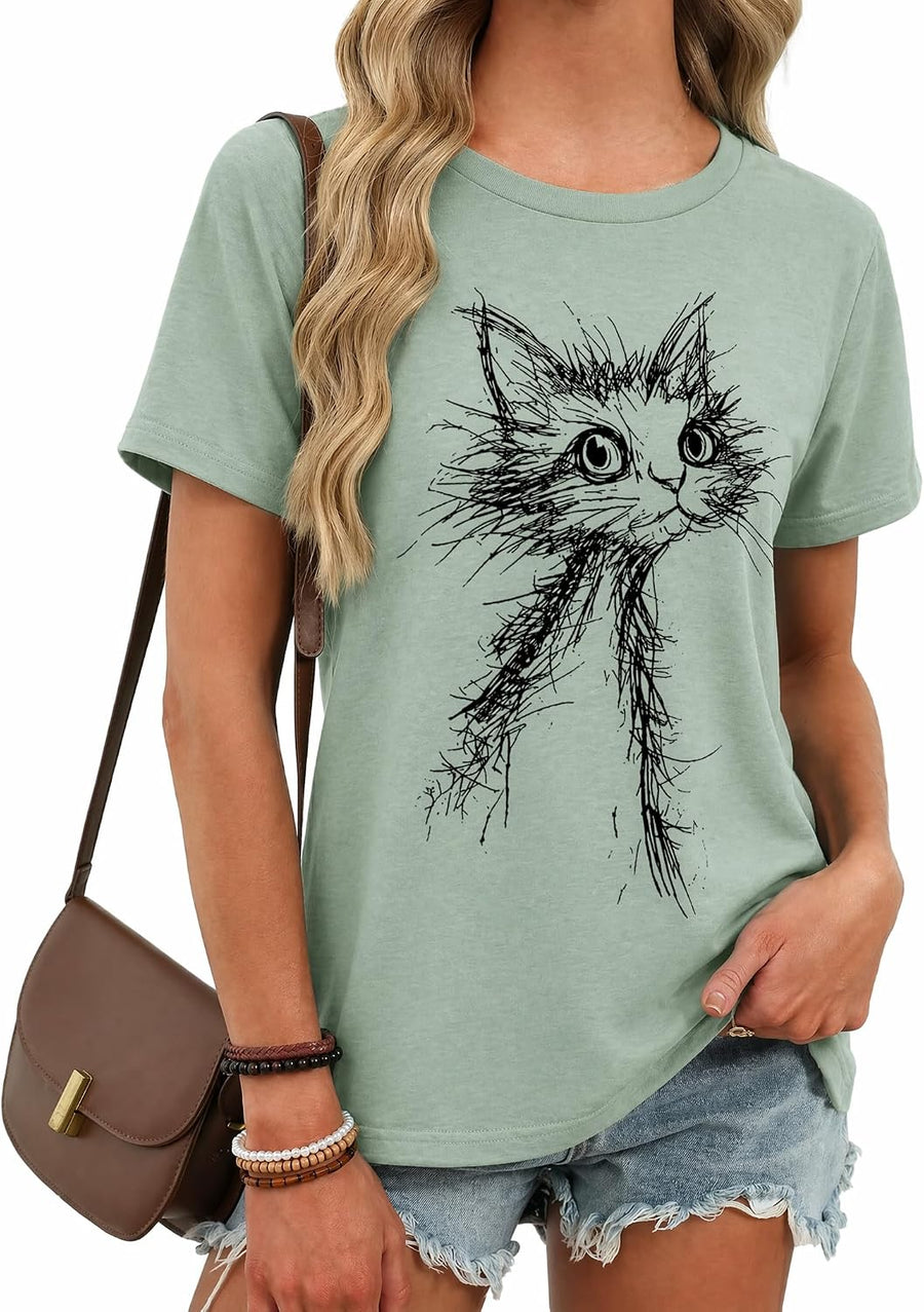 Women's Animal Graphic Tee: Funny Vintage Print T-Shirt, Summer Cotton Casual Top - Cat-sage Green
