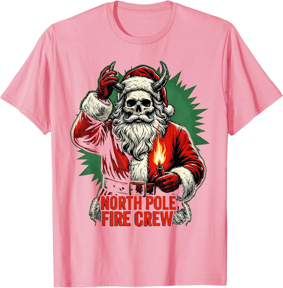 North Pole Fire Crew Heavy Metal Rocker Christmas Santa T-Shirt - Pink