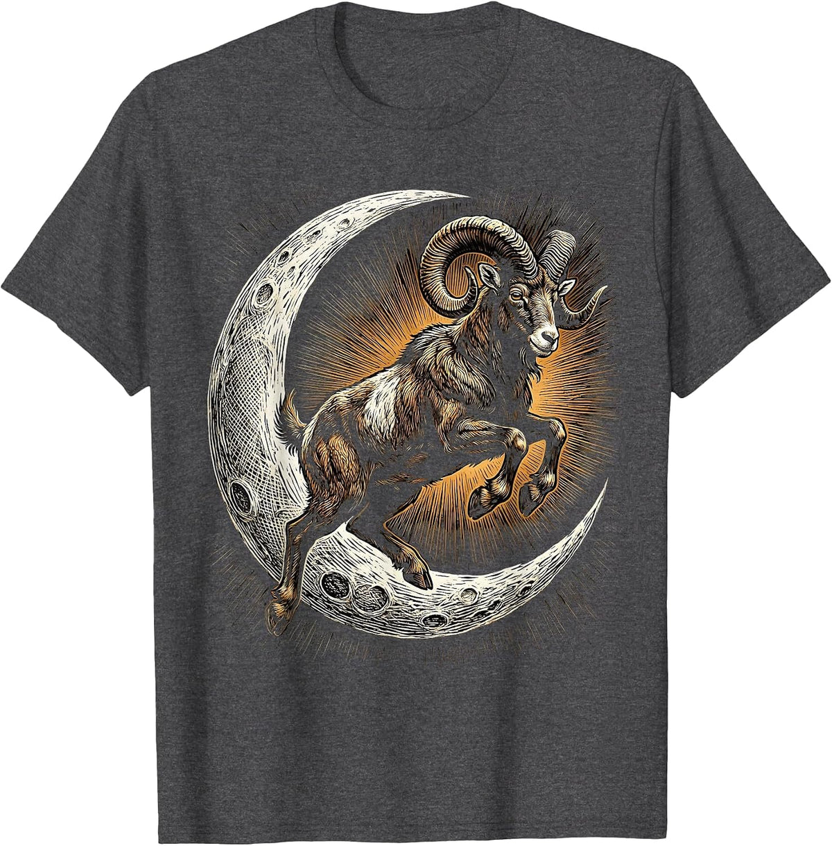 Goat Jumping Over Crescent Moon Illustration T-Shirt - Dark Heather Grey