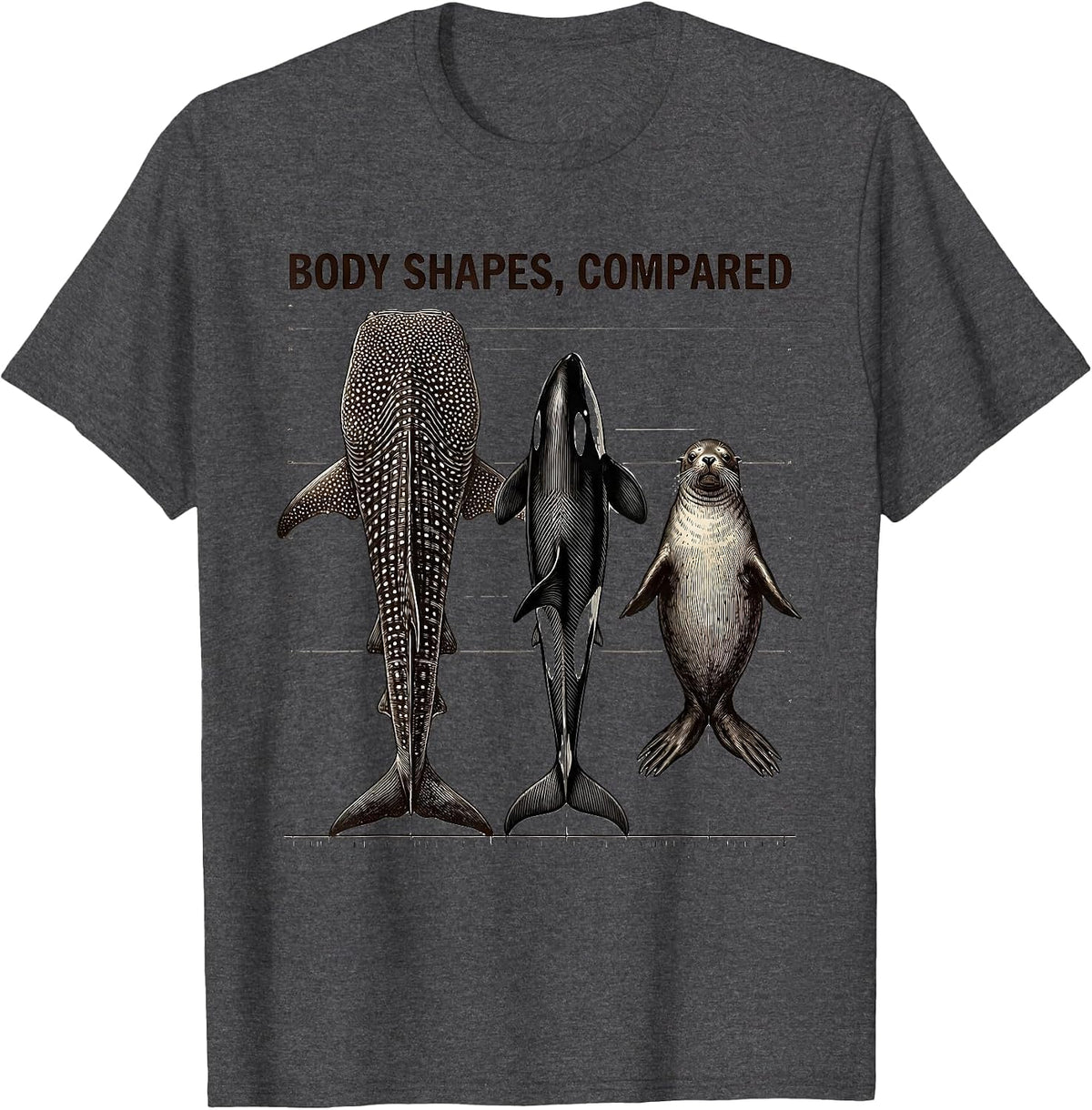 Body Shapes Compared Crosshatch Etching Whale Shark Orca T-Shirt - Dark Heather Grey
