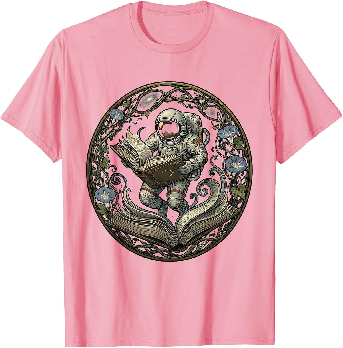 Men's Astronaut Floating With Open Book Space Art T-Shirt - Pink