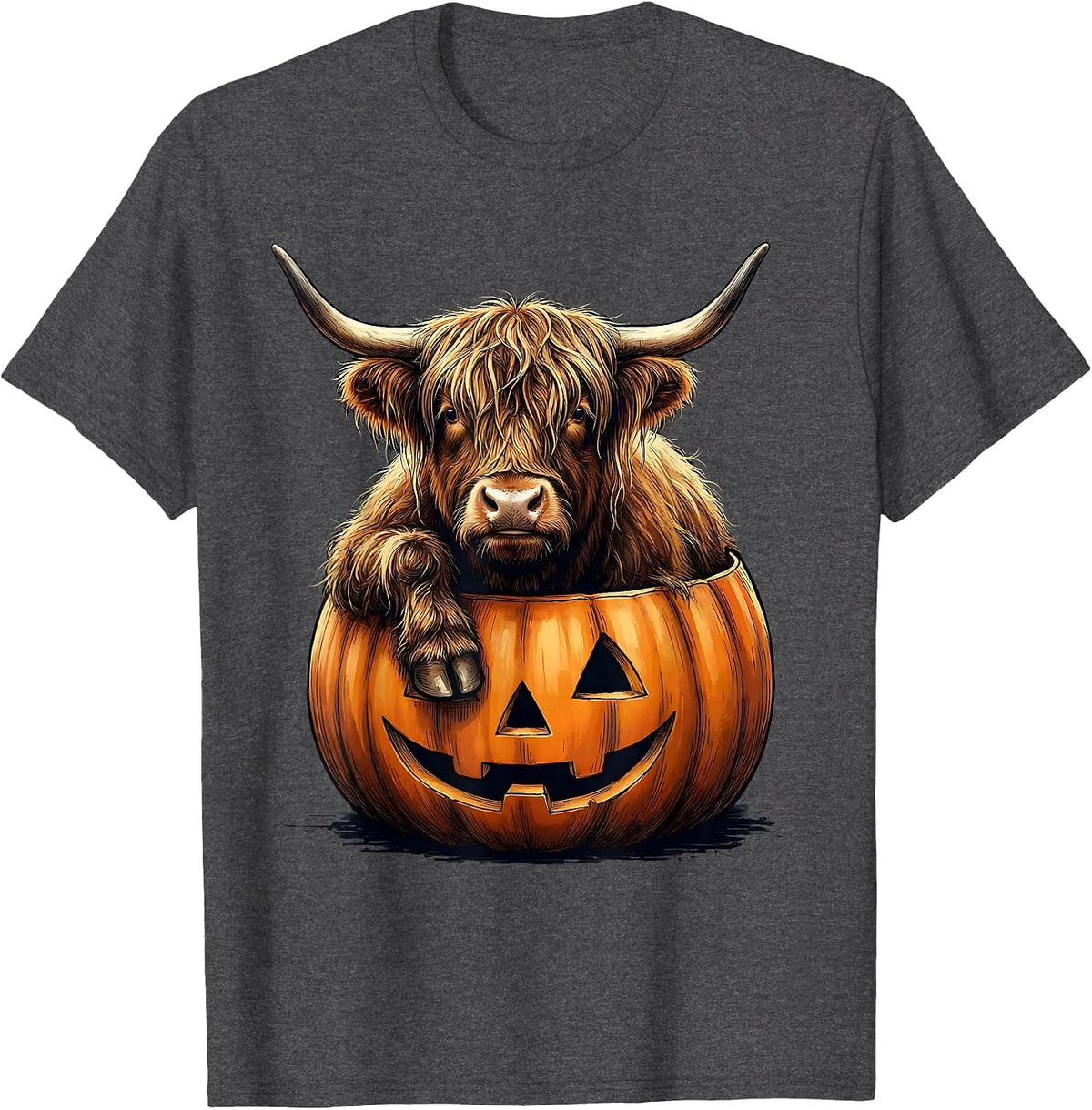 Shaggy Highland Cow Pumpkin Bucket Halloween Humor T-Shirt - Dark Heather Grey