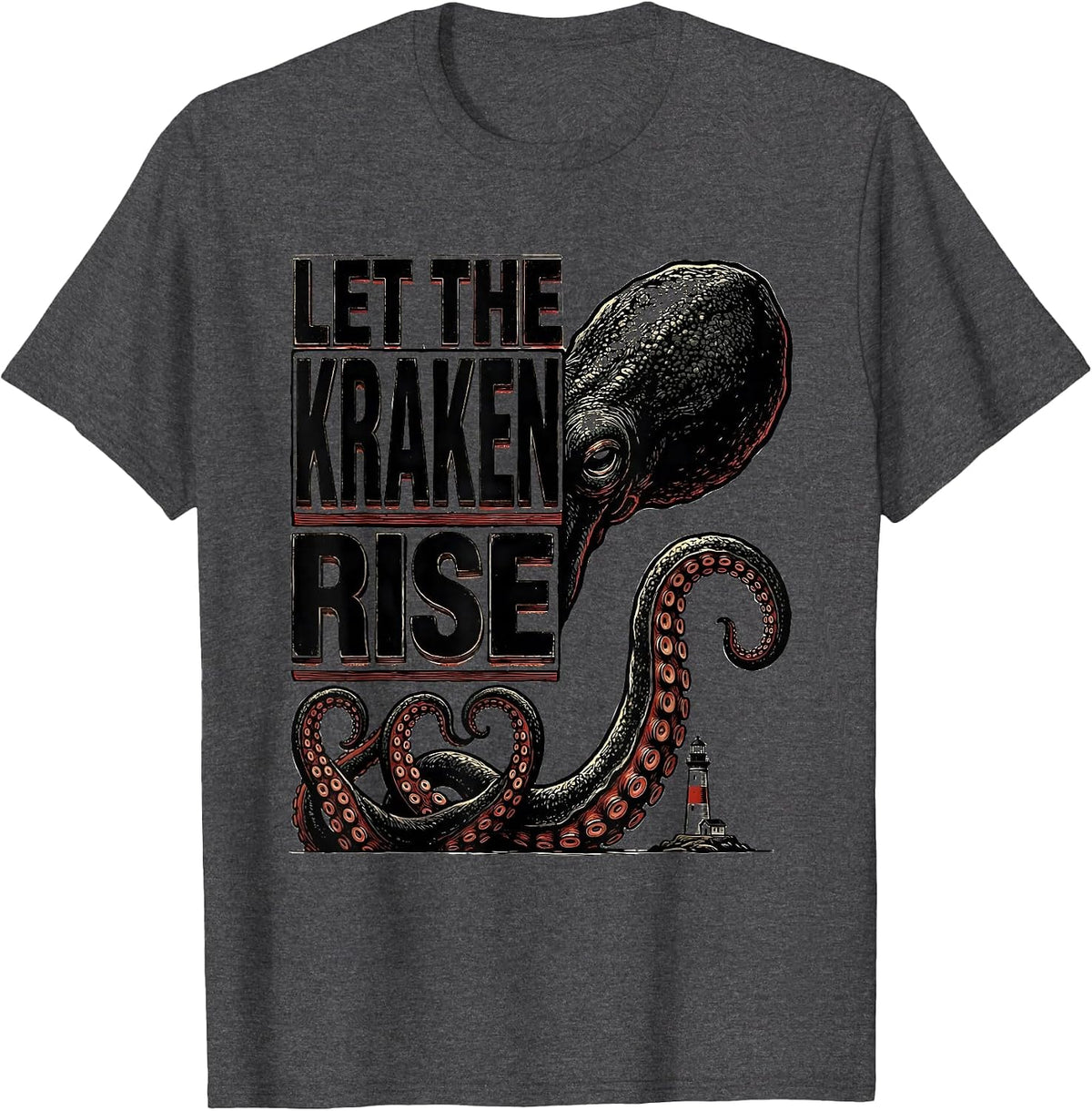 Let The Kraken Rise Wood Type Letterpress Octopus Lover T-Shirt - Dark Heather Grey