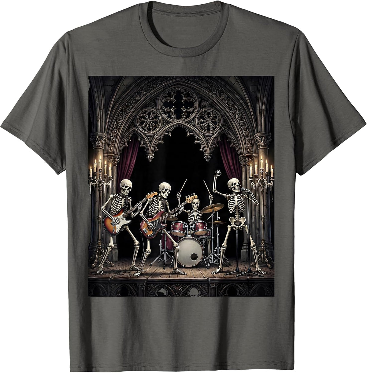 Skeleton Band Performing on Stage Metal Graphic T-Shirt - Asphalt Grey