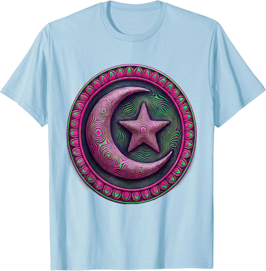 Men's Star and Crescent Moon Celestial Illustration T-Shirt - Baby Blue