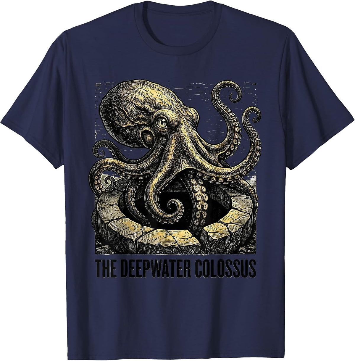 Men's The Deepwater Colossus Woodcut Engraving Octopus Lover T-Shirt - Navy Blue