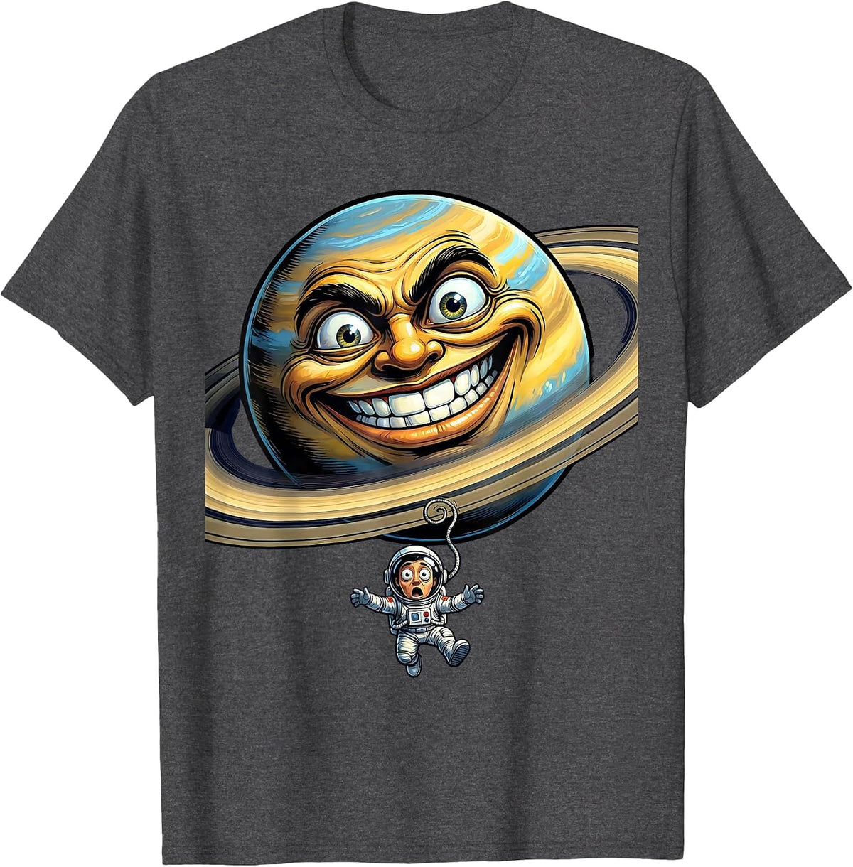 Tiny Astronaut Floating Near Huge Planet Design T-Shirt - Dark Heather Grey