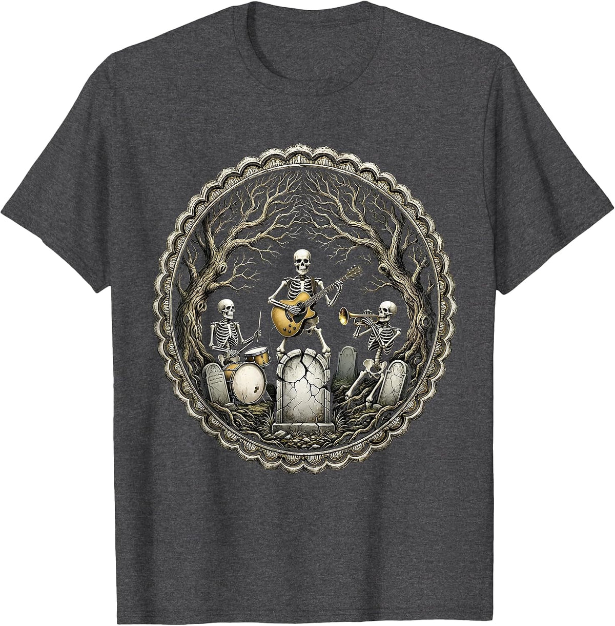 Skeleton Band Graveyard Concert Graphic T-Shirt - Dark Heather Grey