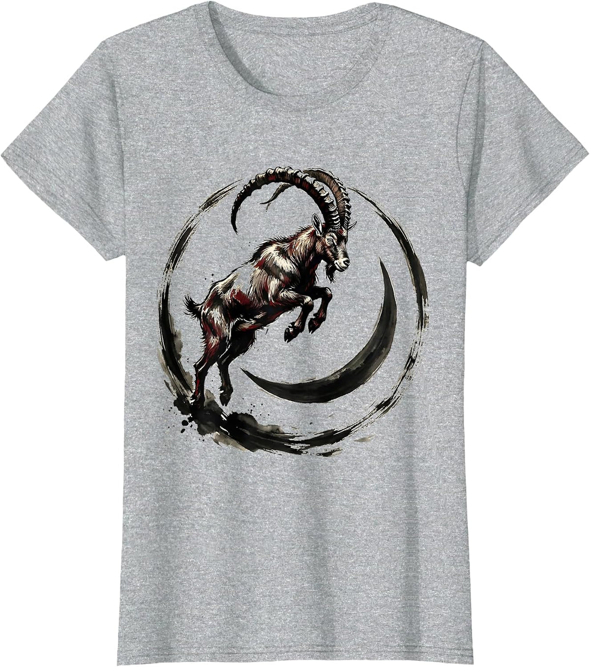 Goat Leaping Over Crescent Moon Illustration T-Shirt - Heather Grey