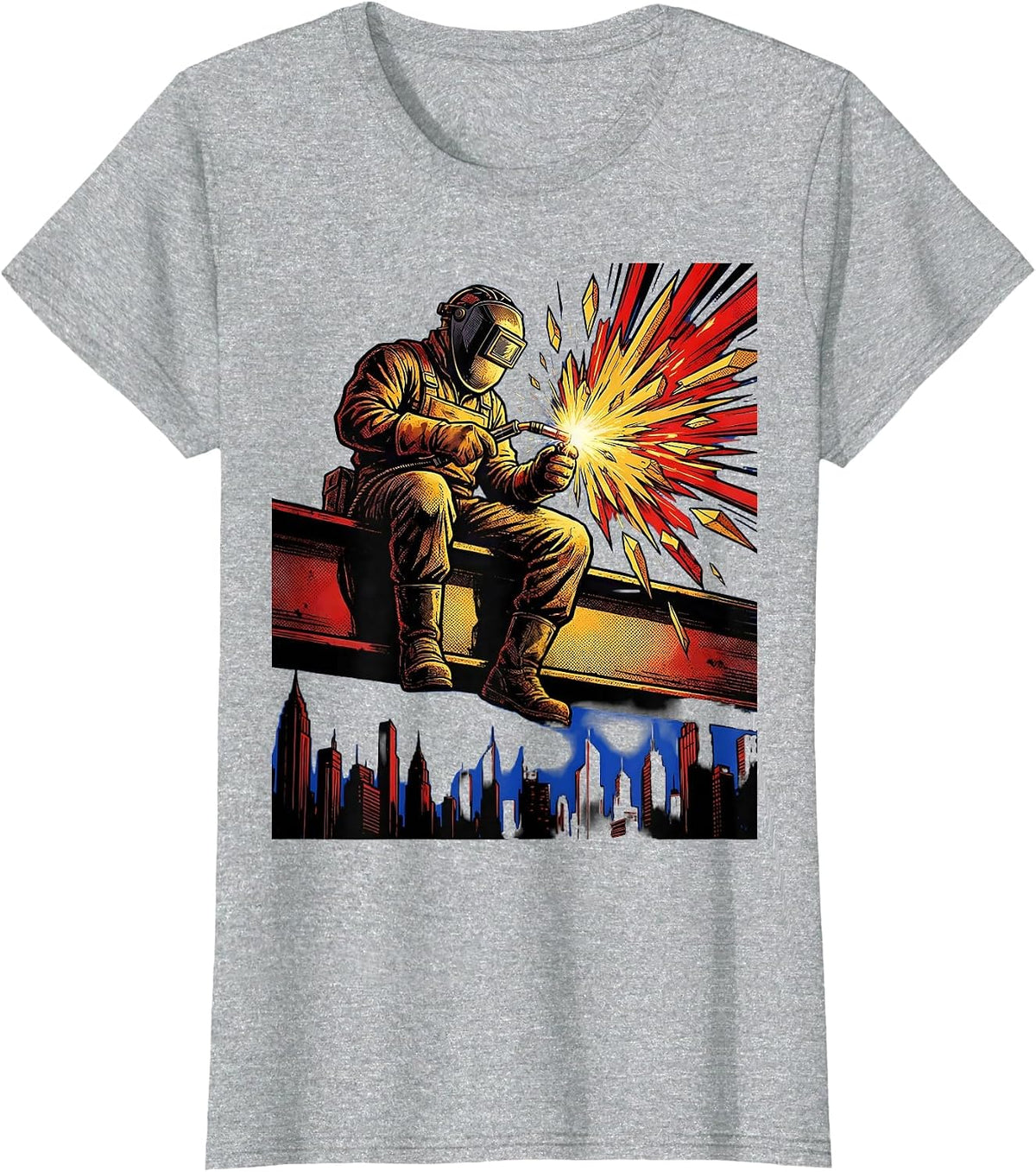 Women's Welder on Iron Beam Above City Skyline T-Shirt - Heather Grey