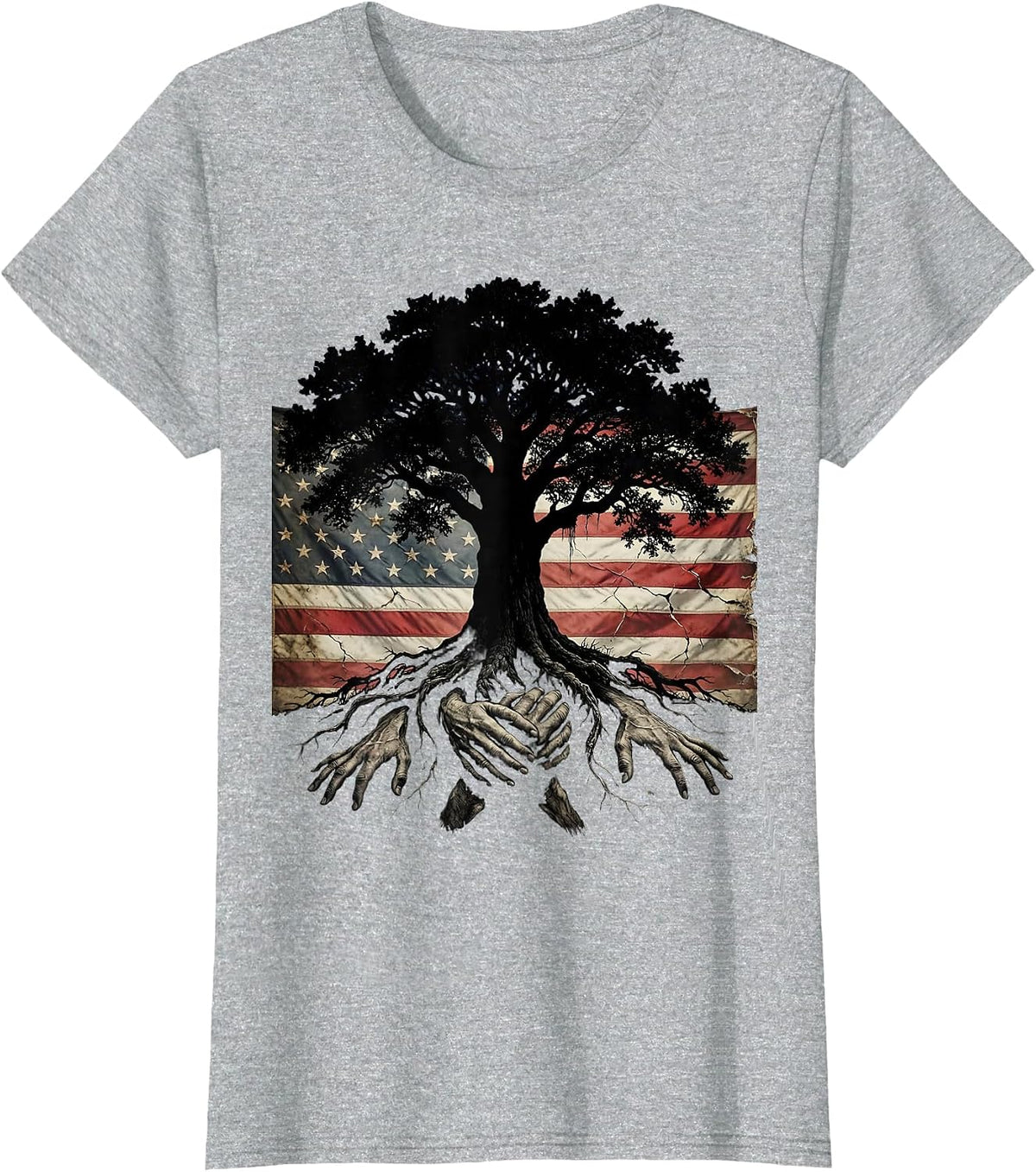 God Family Country Strong Oak Tree Roots Design T-Shirt - Heather Grey
