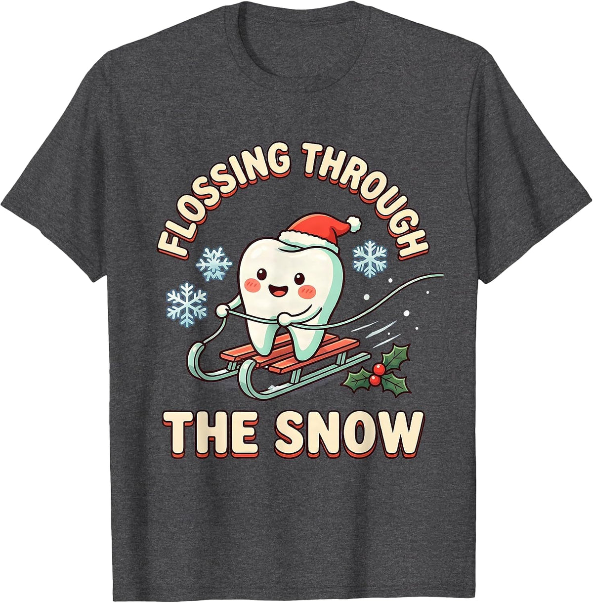Flossing Through the Snow Cute Kawaii Dentist Christmas T-Shirt - Dark Heather Grey