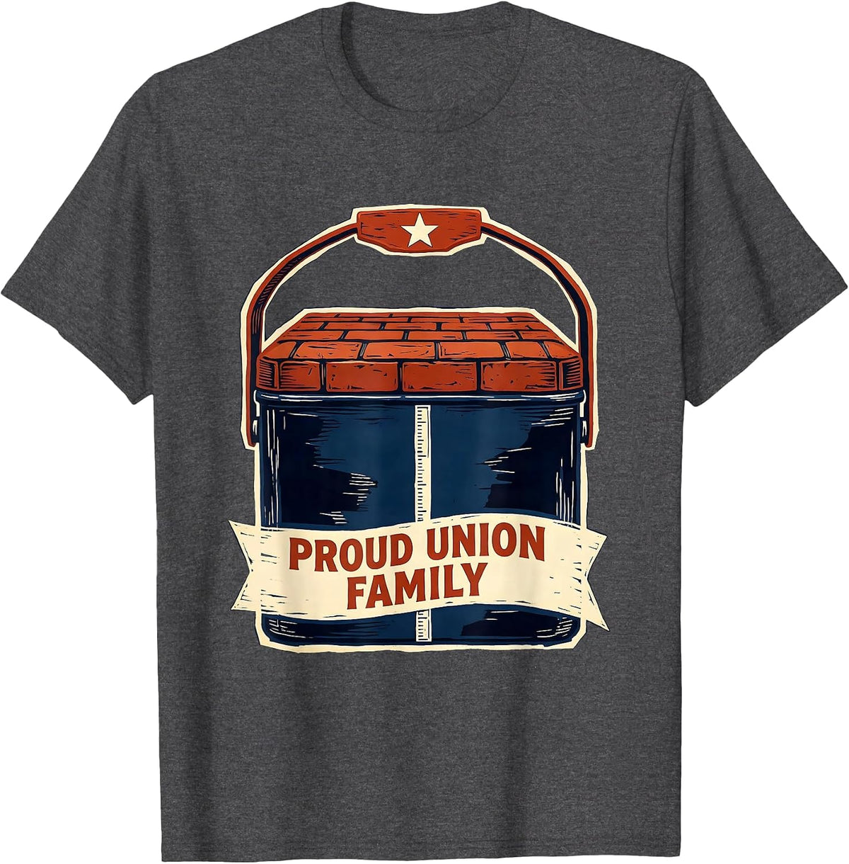 Men's Proud Union Family Linocut Labor Day Union Worker Solidarity T-Shirt - Dark Heather Grey