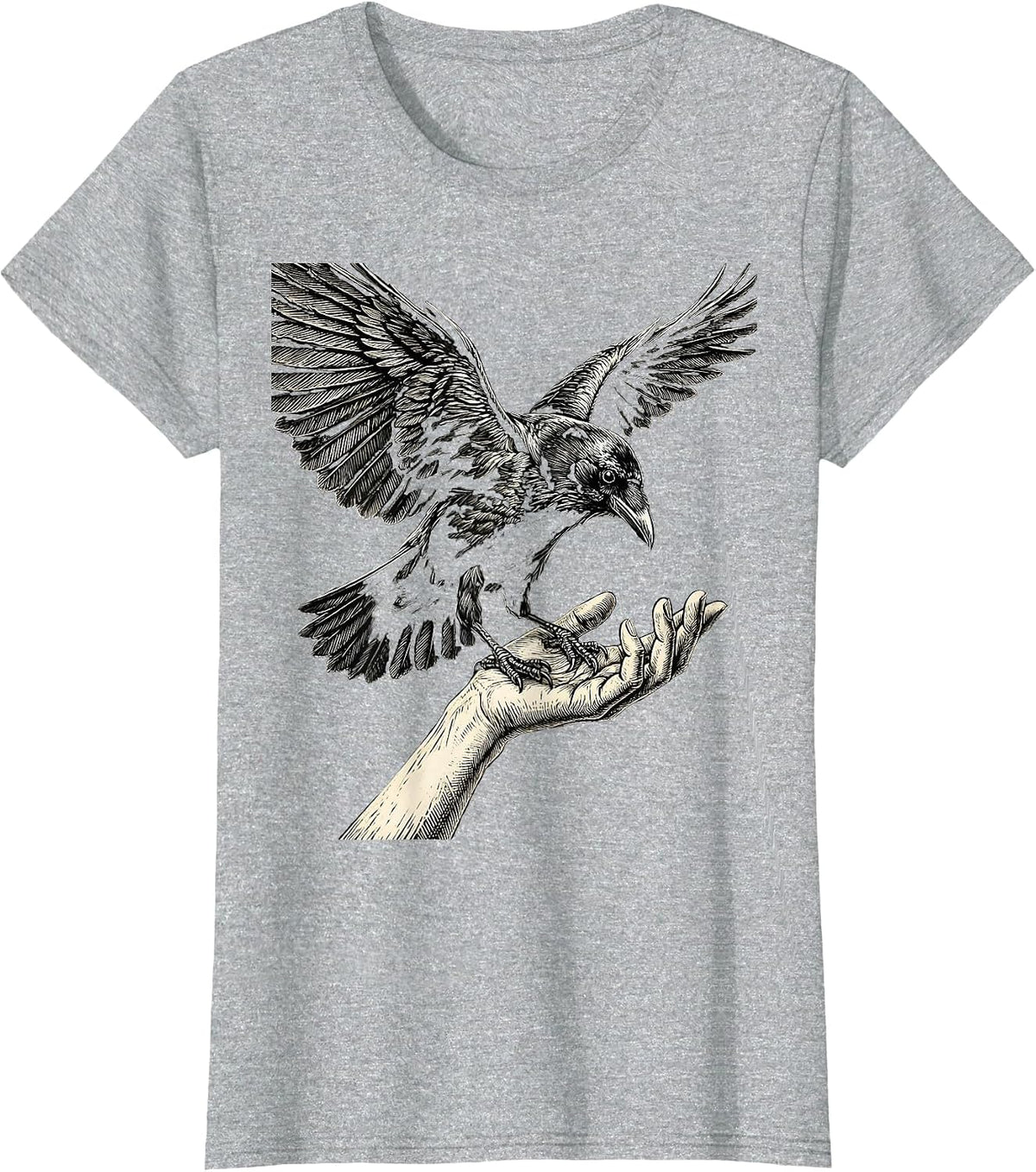 Women's Crow Landing on Outstretched Hand Illustration T-Shirt - Heather Grey