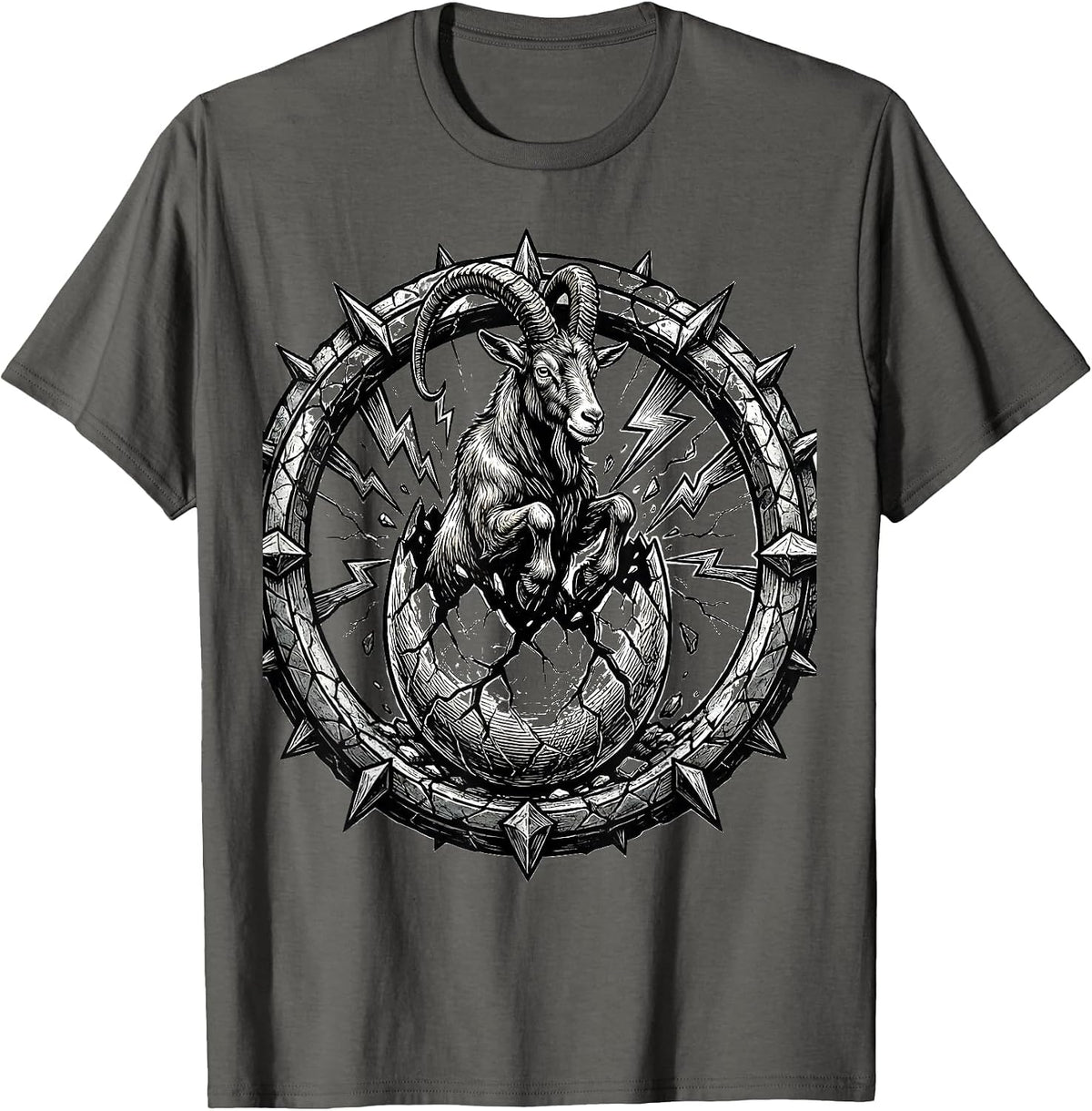 Goat Emerging From Cracked Thunder Egg T-Shirt - Asphalt Grey