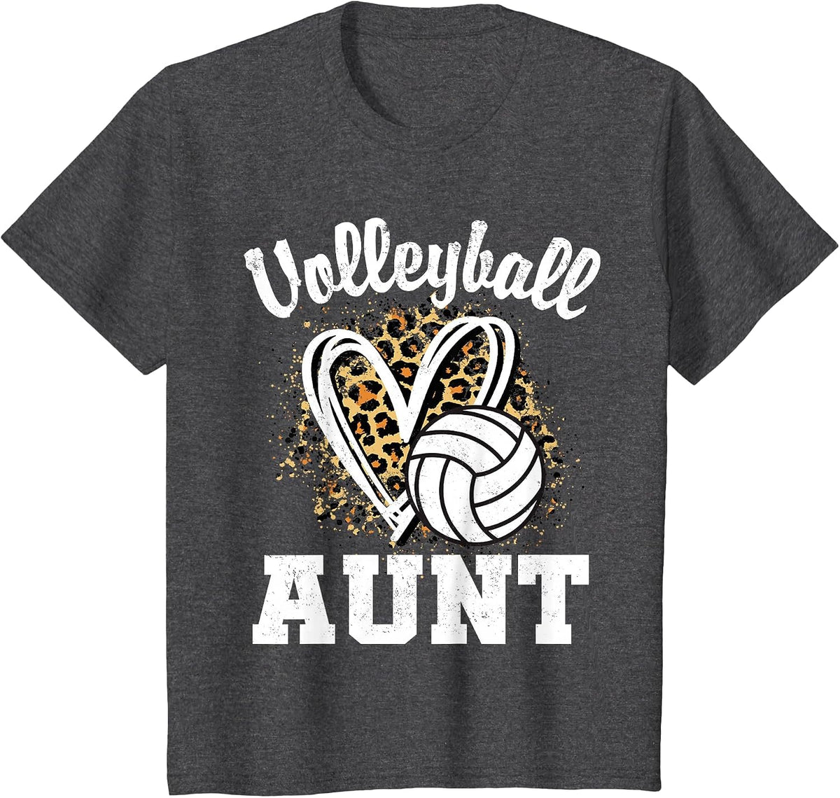 Volleyball Aunt Leopard Heart Matching Family T-Shirt - Dark Heather Grey