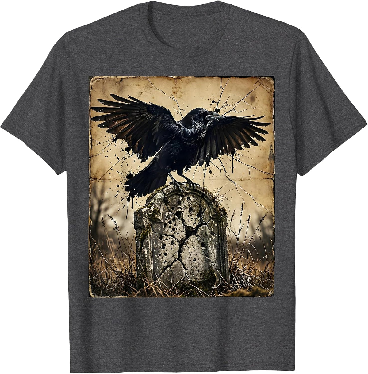 Crow on Gravestone Spooky Season Halloween Art T-Shirt - Dark Heather Grey