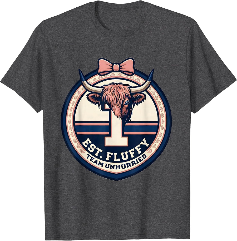 Men's Est. Fluffy Team Unhurried Funny Highland Cow Sassy Humor T-Shirt - Dark Heather Grey
