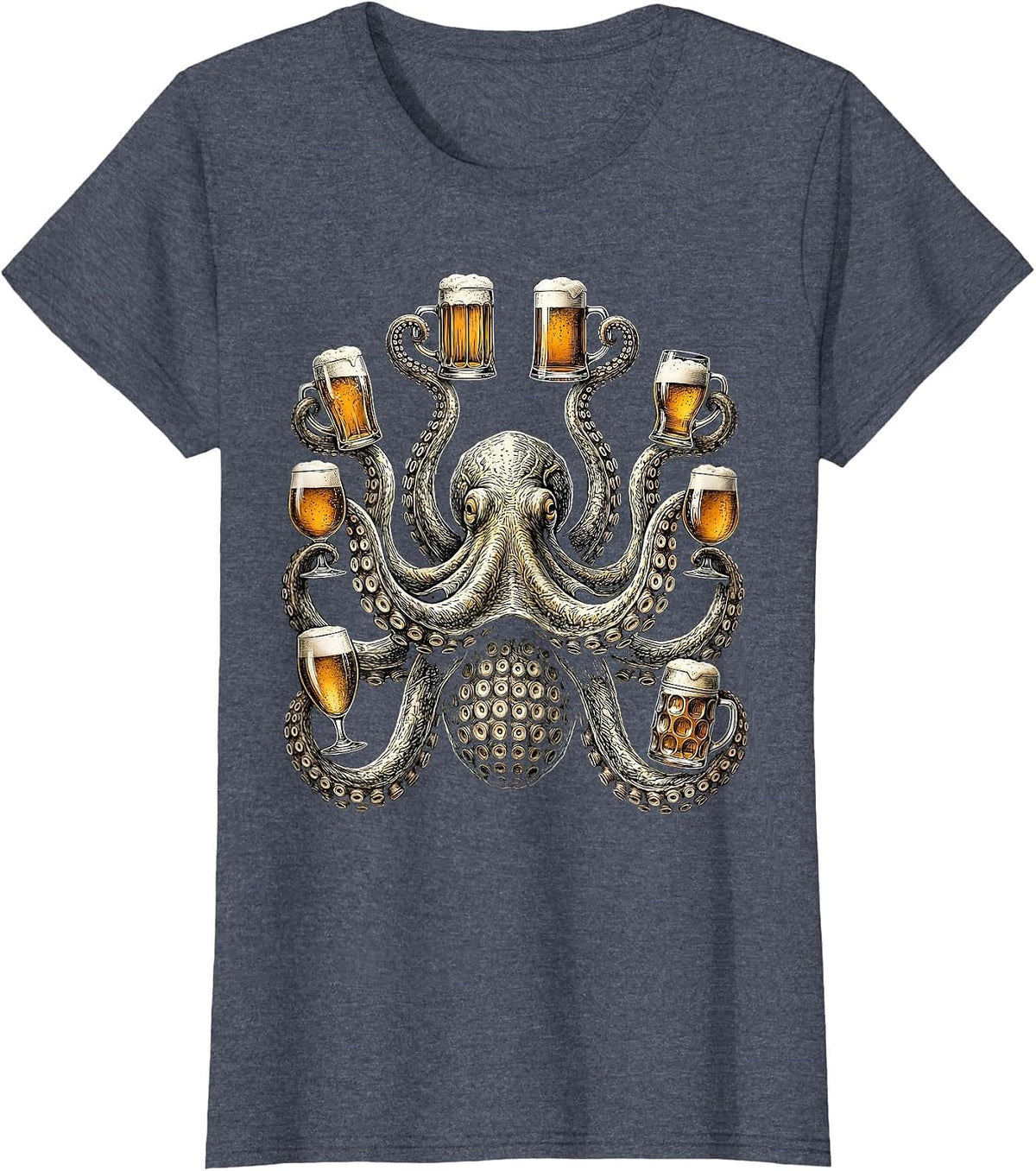 Octopus Holding Eight Beers Funny Drinking Art T-Shirt, Women, Heather Blue, 3X-Large - As Pictured
