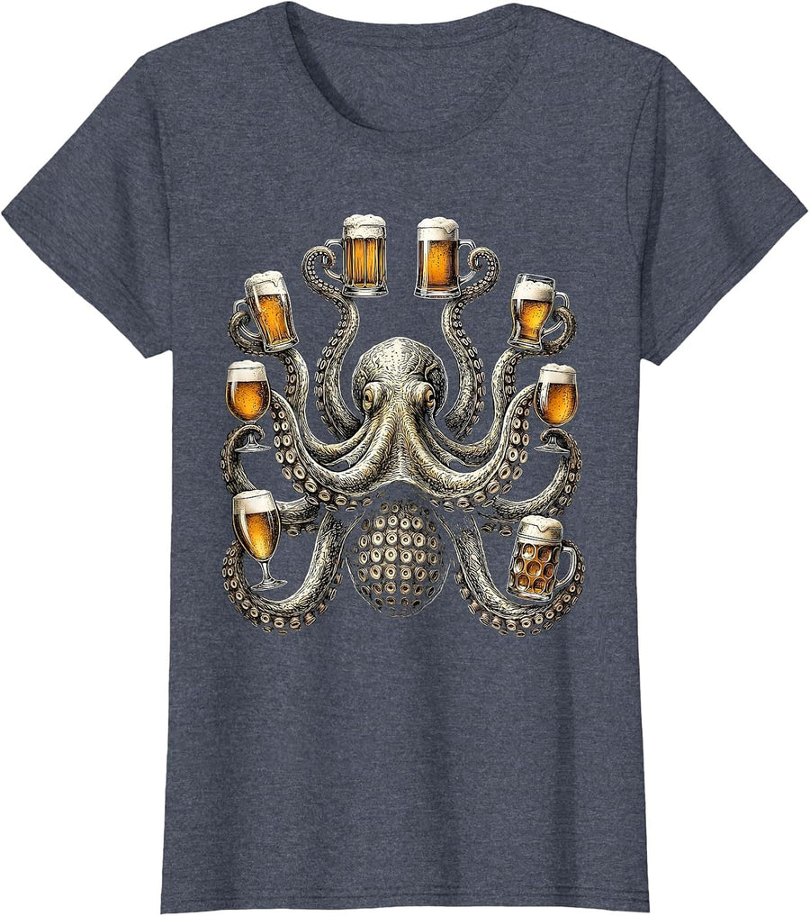 Octopus Holding Eight Beers Funny Drinking Art T-Shirt, Women, Heather Blue, 3X-Large - As Pictured