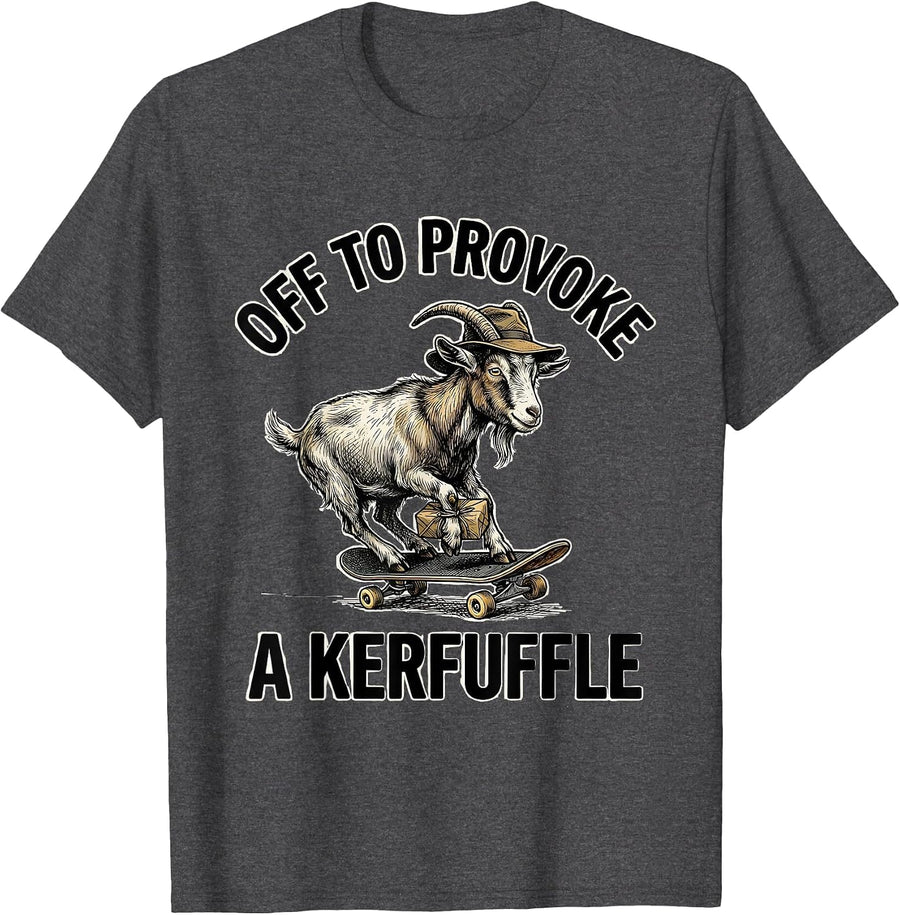 Men's Off To Provoke A Kerfuffle Hand Sketched Whimsical Goat T-Shirt - Dark Heather Grey