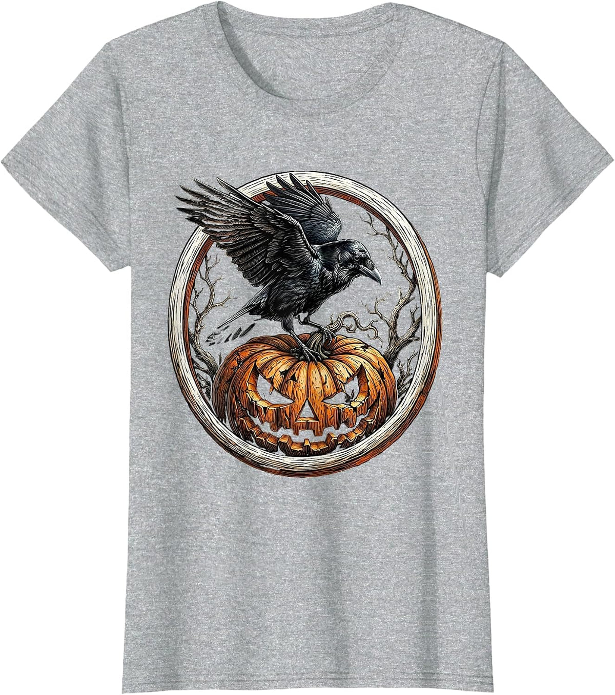 Women's Crow Perched on Rotting Pumpkin Halloween Design T-Shirt - Heather Grey