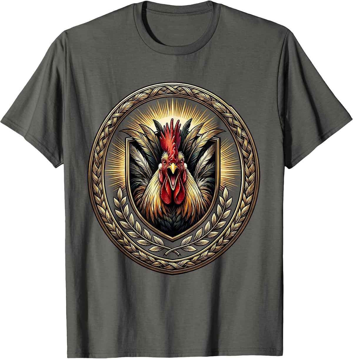 Rooster Crowing at Dawn Sunrise Illustration T-Shirt - Asphalt Grey