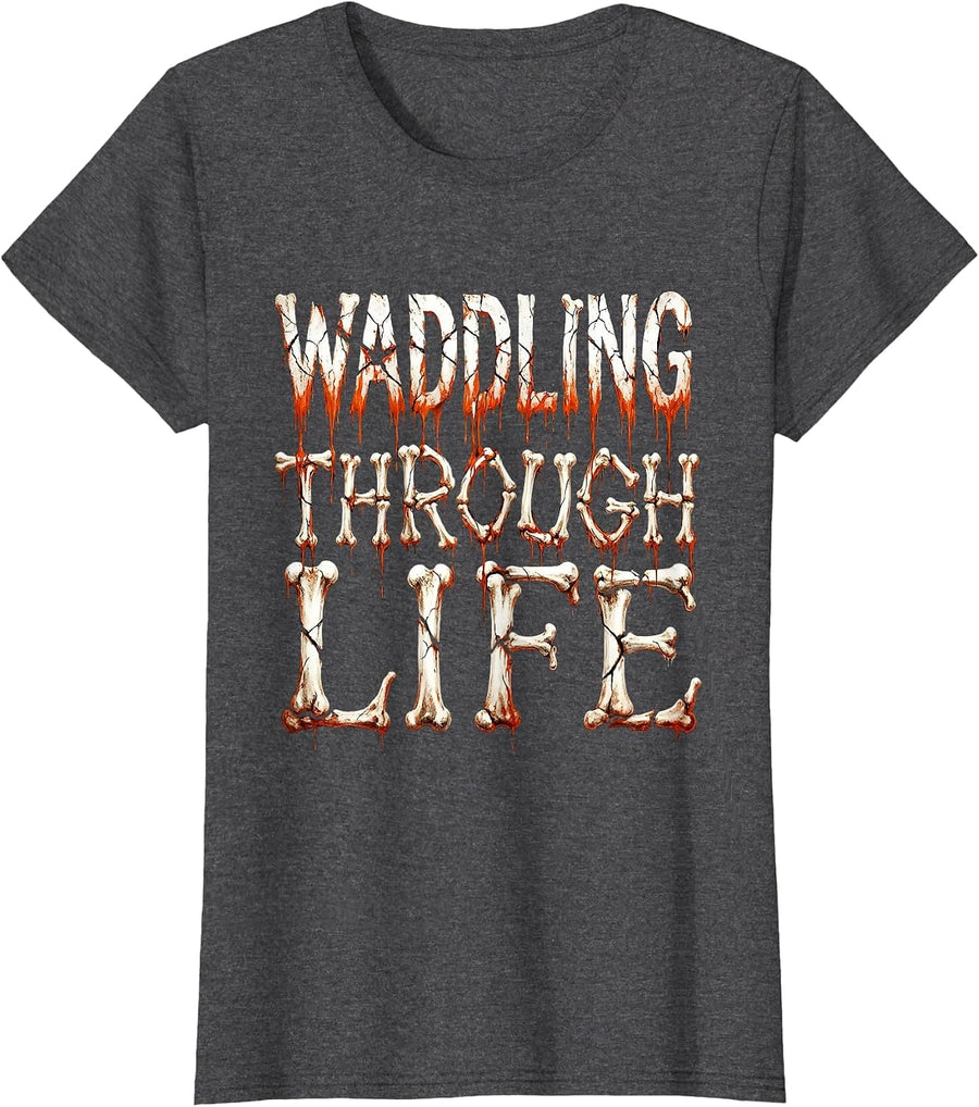 Women's Waddling Through Life Funny Penguin Design T-Shirt - Dark Heather Grey