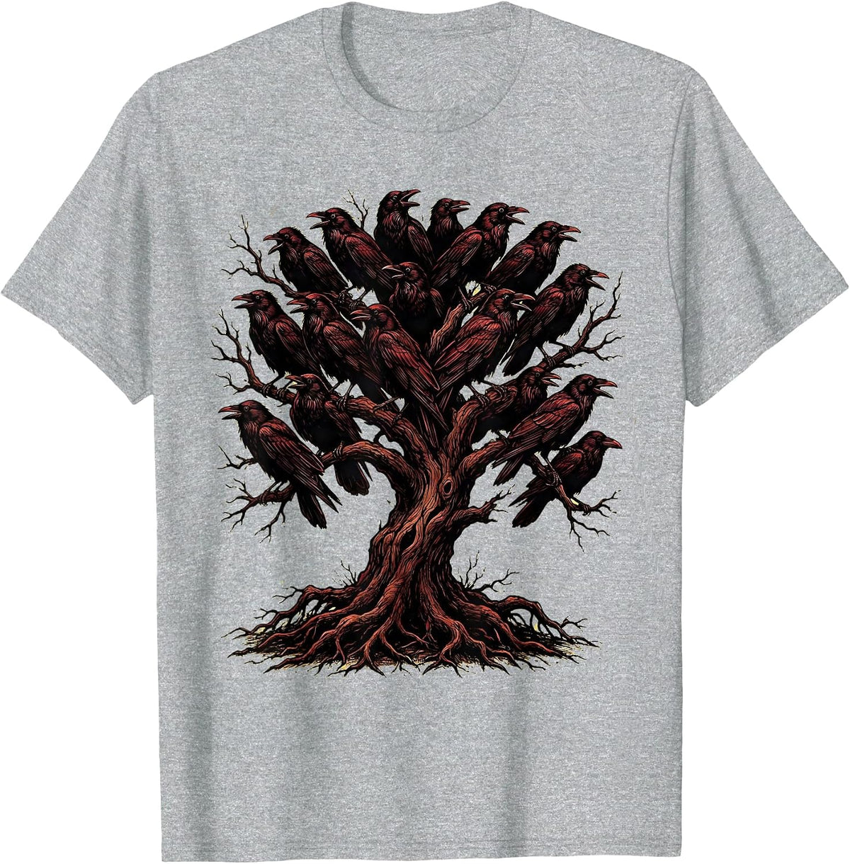 Men's Dead Tree Roosting Crows Dark Nature Illustration T-Shirt - Heather Grey