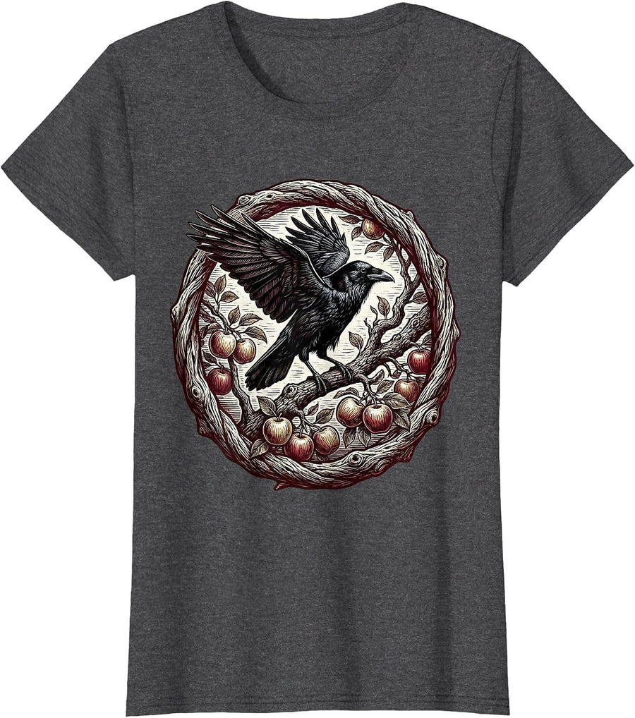 Women's Crow on Apple Branch Fall Harvest Illustration T-Shirt - Dark Heather Grey
