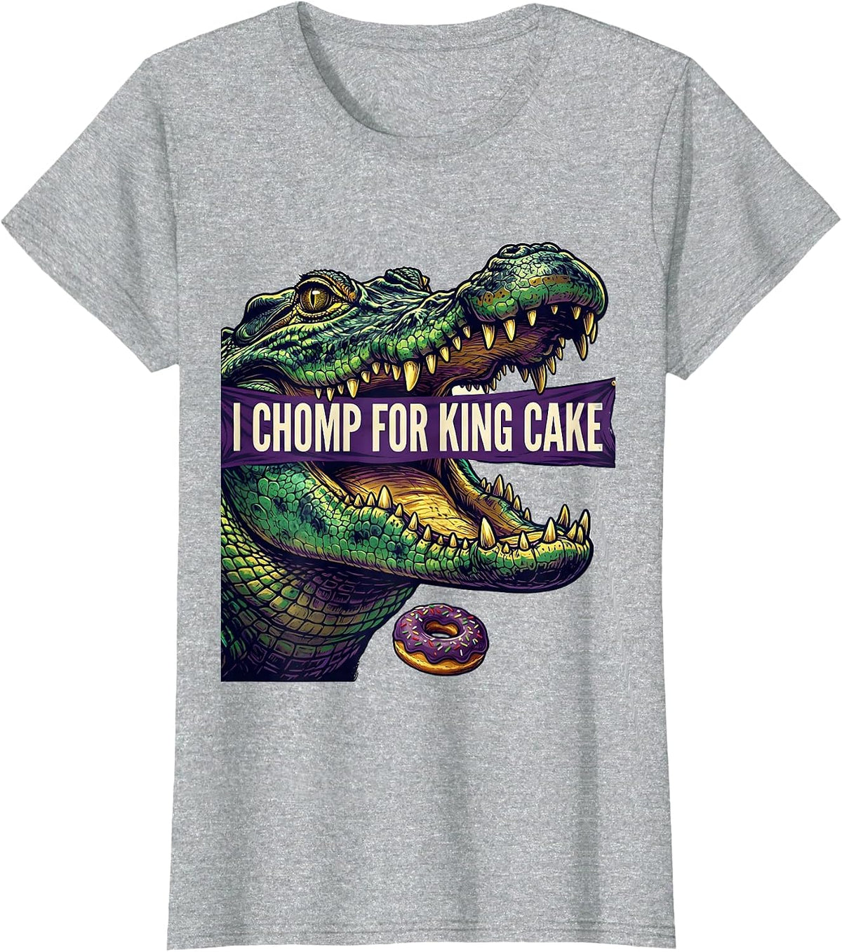 Women's I Chomp For King Cake Funny Mardi Gras Carnival Party T-Shirt - Heather Grey