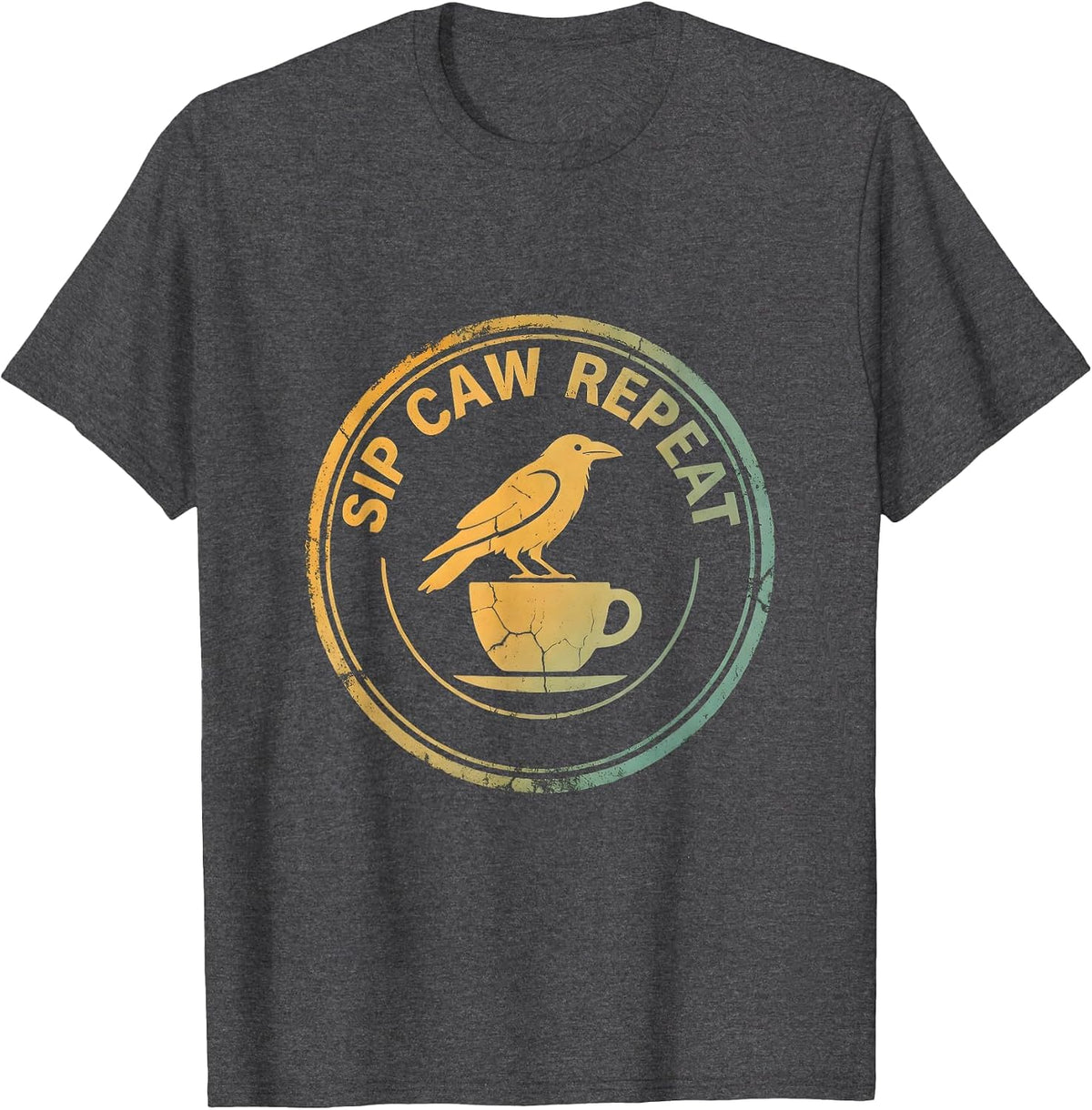 Men's Sip Caw Repeat Funny Crow Coffee Design T-Shirt - Dark Heather Grey