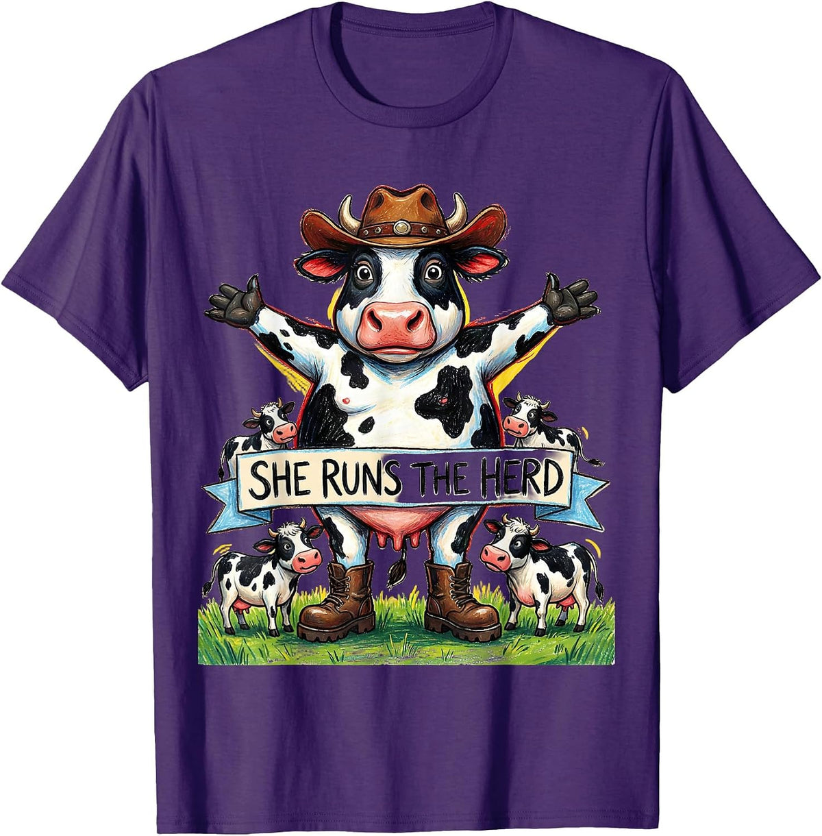 Men's She Runs The Herd Cow Lover Design T-Shirt - Purple