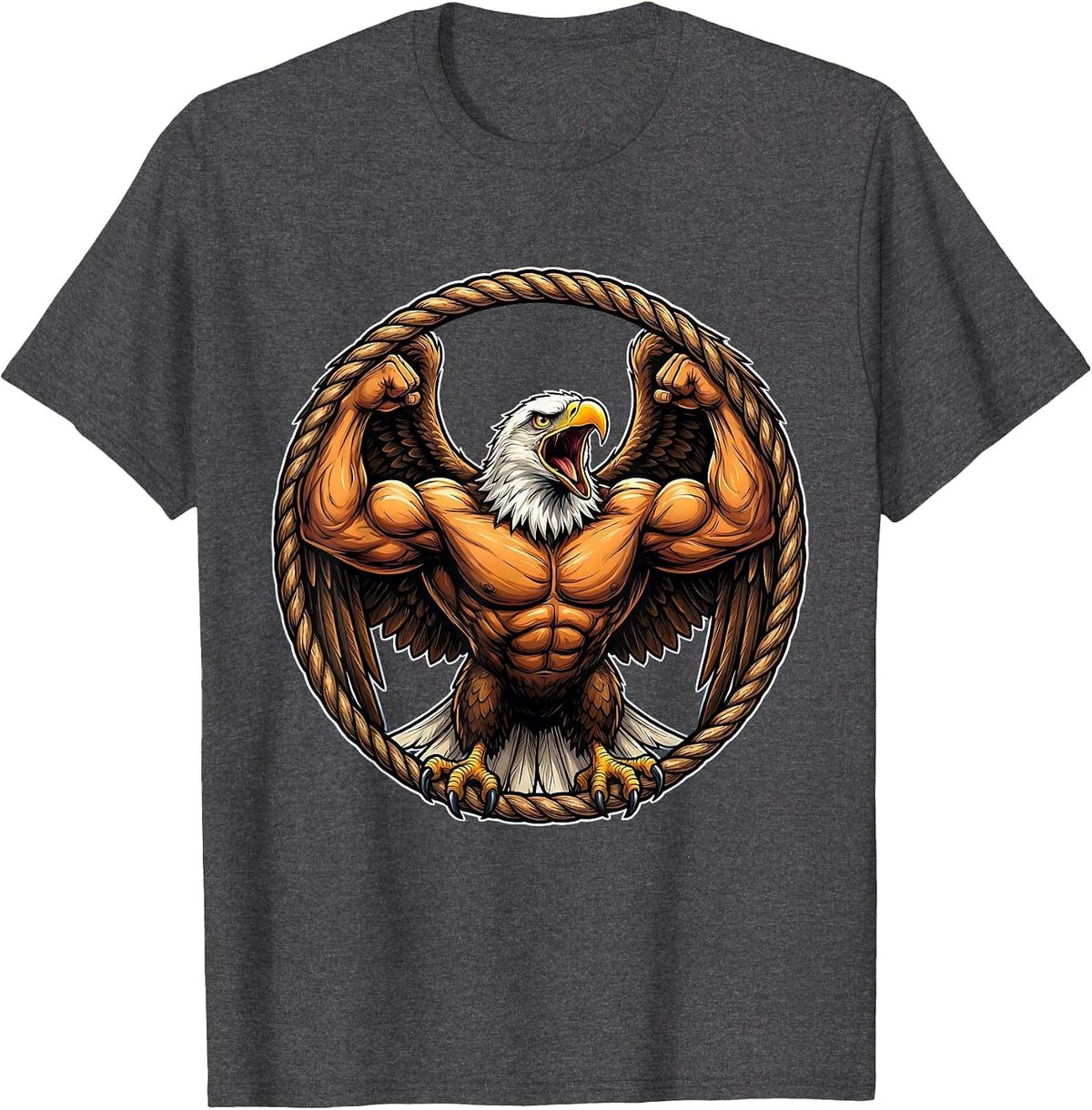 Men's Bald Eagle Flexing Muscles Patriotic Graphic T-Shirt - Dark Heather Grey