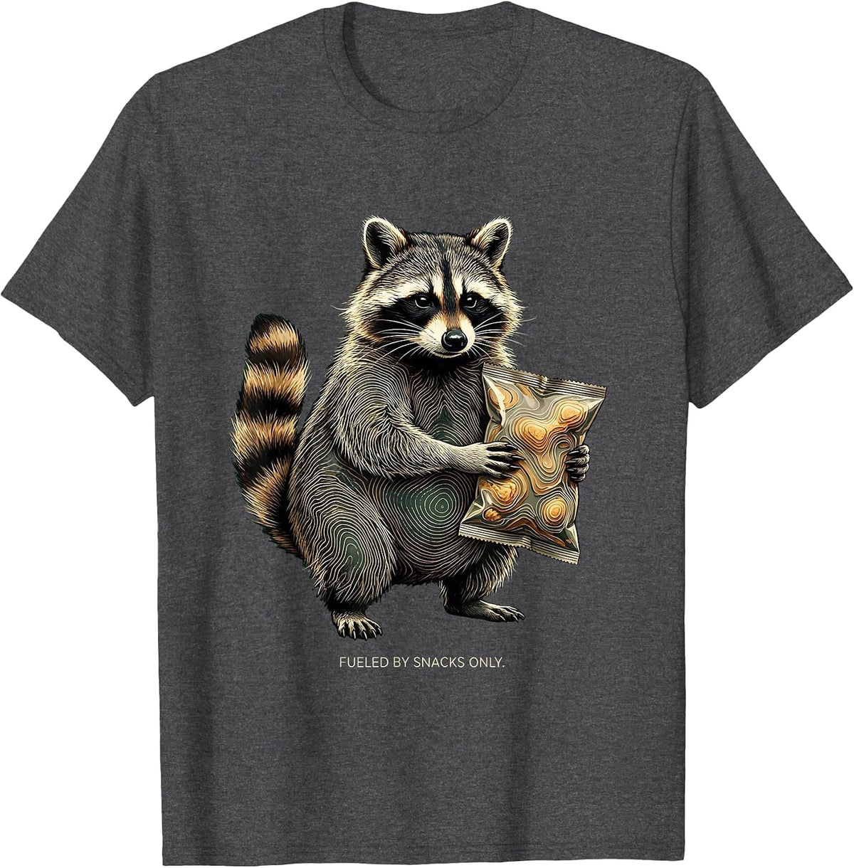 Fueled By Snacks Only Raccoon Design T-Shirt - Dark Heather Grey