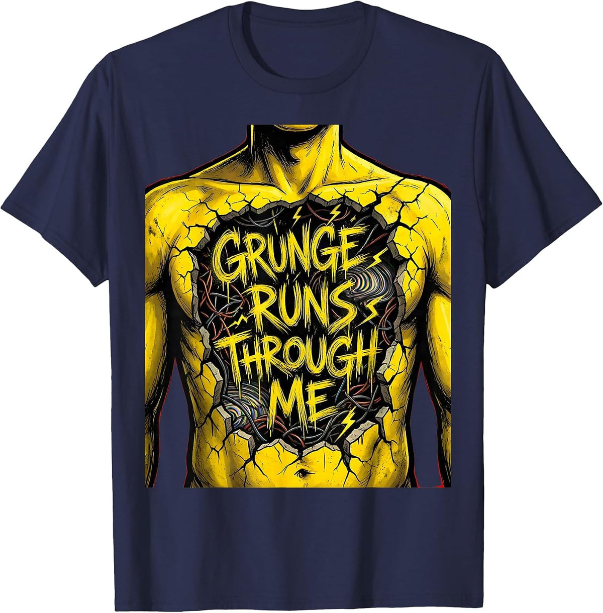 Men's Grunge Runs Through Me Music Culture Design T-Shirt - Navy Blue