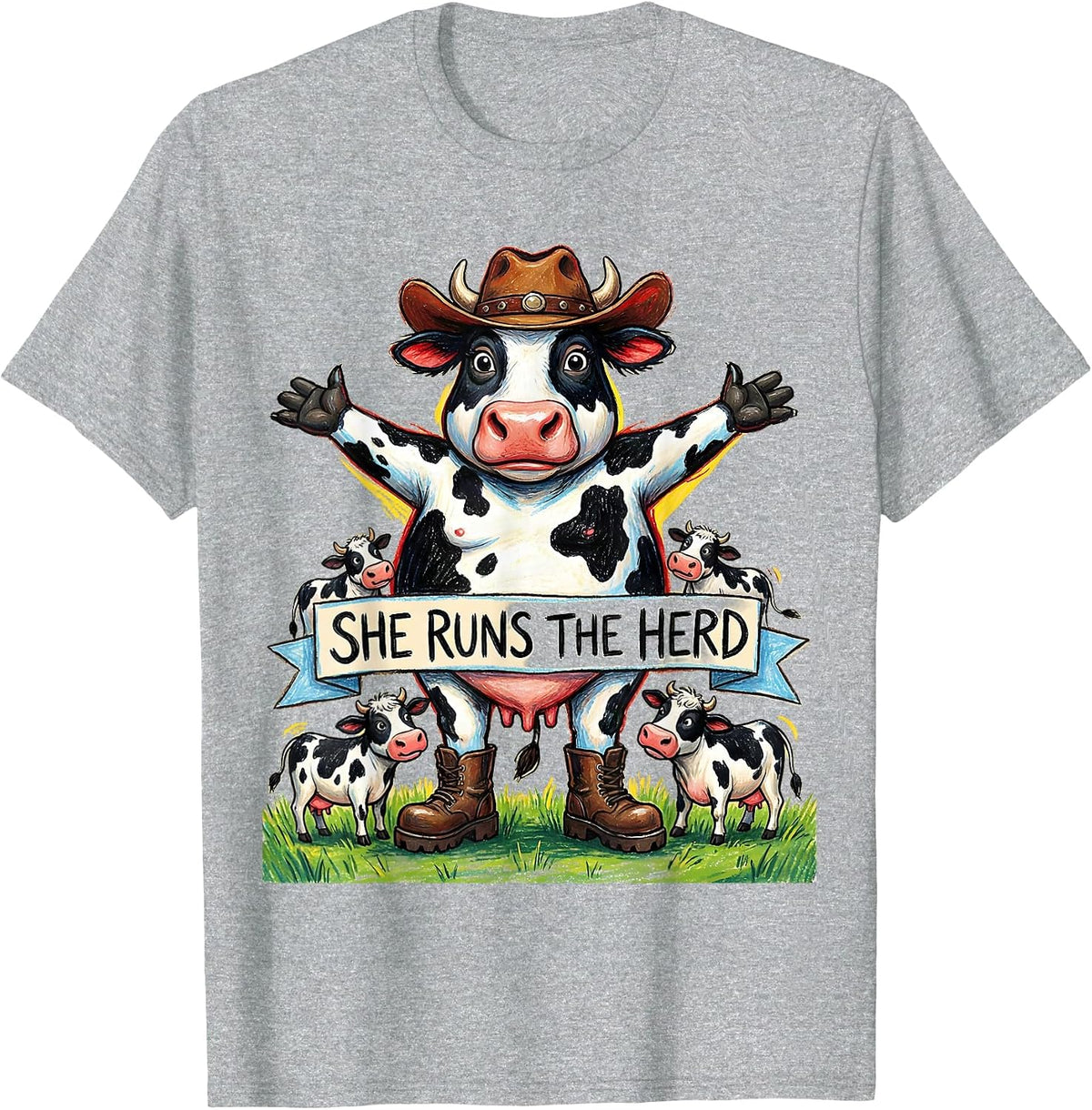 Men's She Runs The Herd Cow Lover Design T-Shirt - Heather Grey