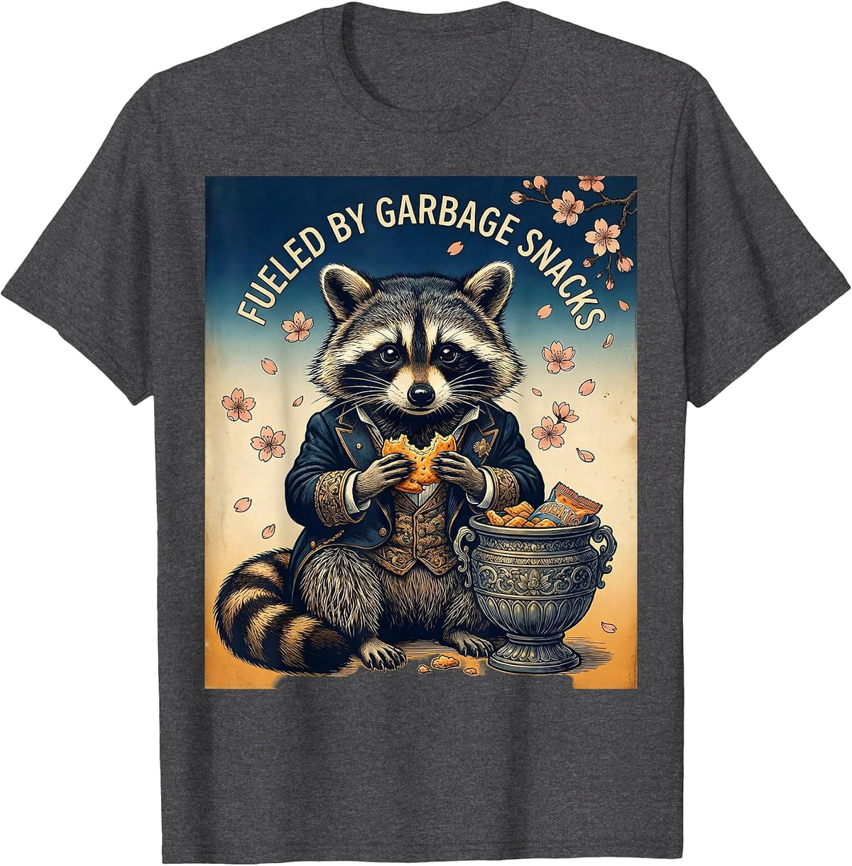 Fueled By Garbage Snacks Raccoon Design T-Shirt - Dark Heather Grey