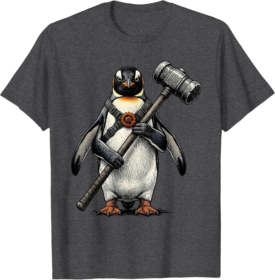 Men's Stubby Penguin With Mace Funny Bird Meme Humor T-Shirt - Dark Heather Grey