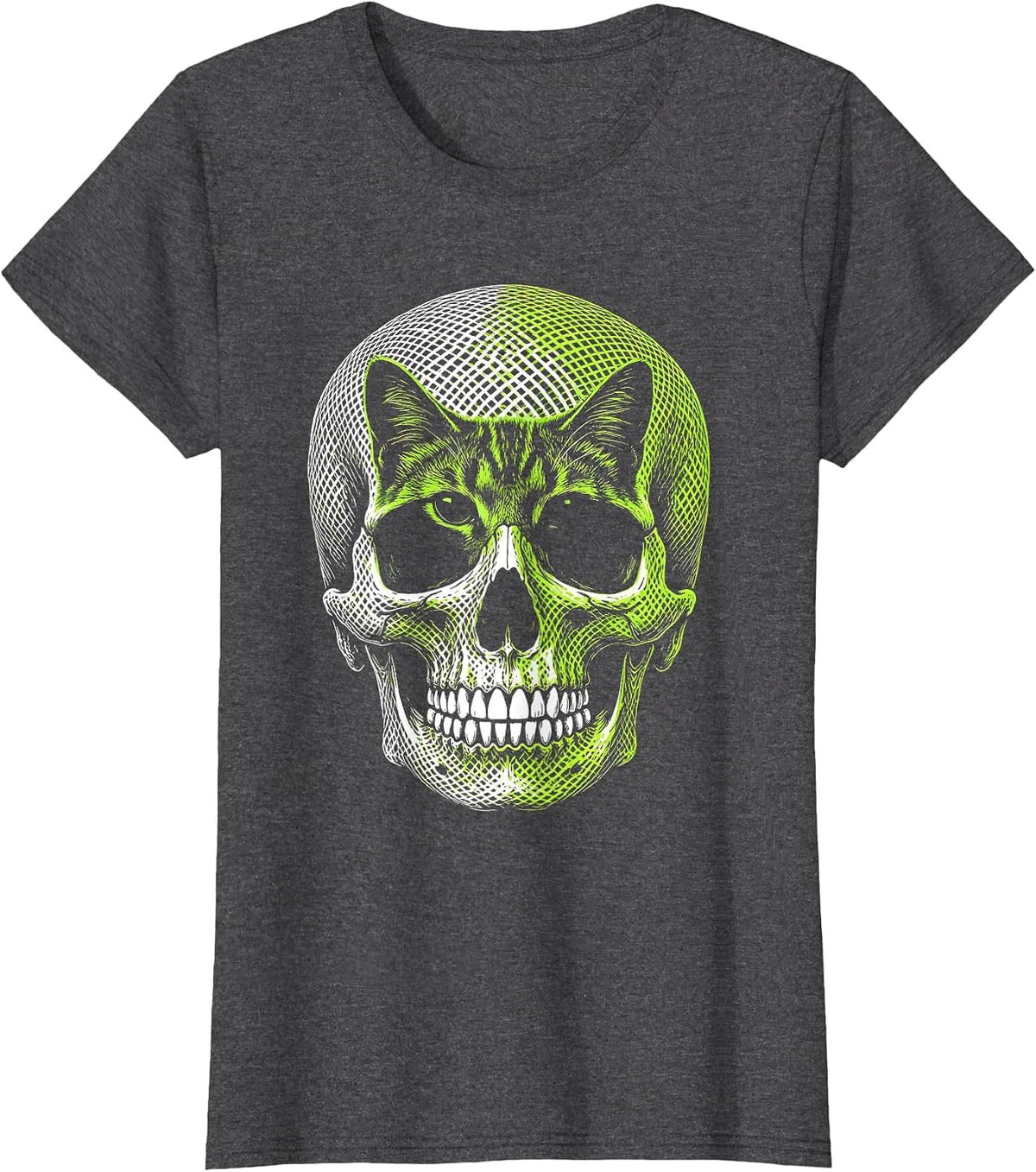 Women's Cat Skull Optical Illusion Gothic Halloween Cat Lover T-Shirt - Dark Heather Grey