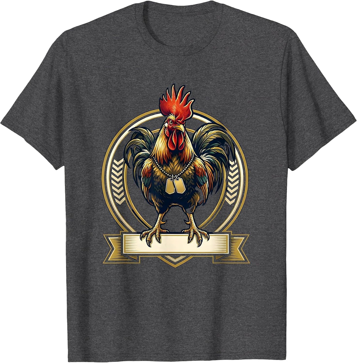 Men's Rooster With Army Dog Tags Graphic Design T-Shirt - Dark Heather Grey