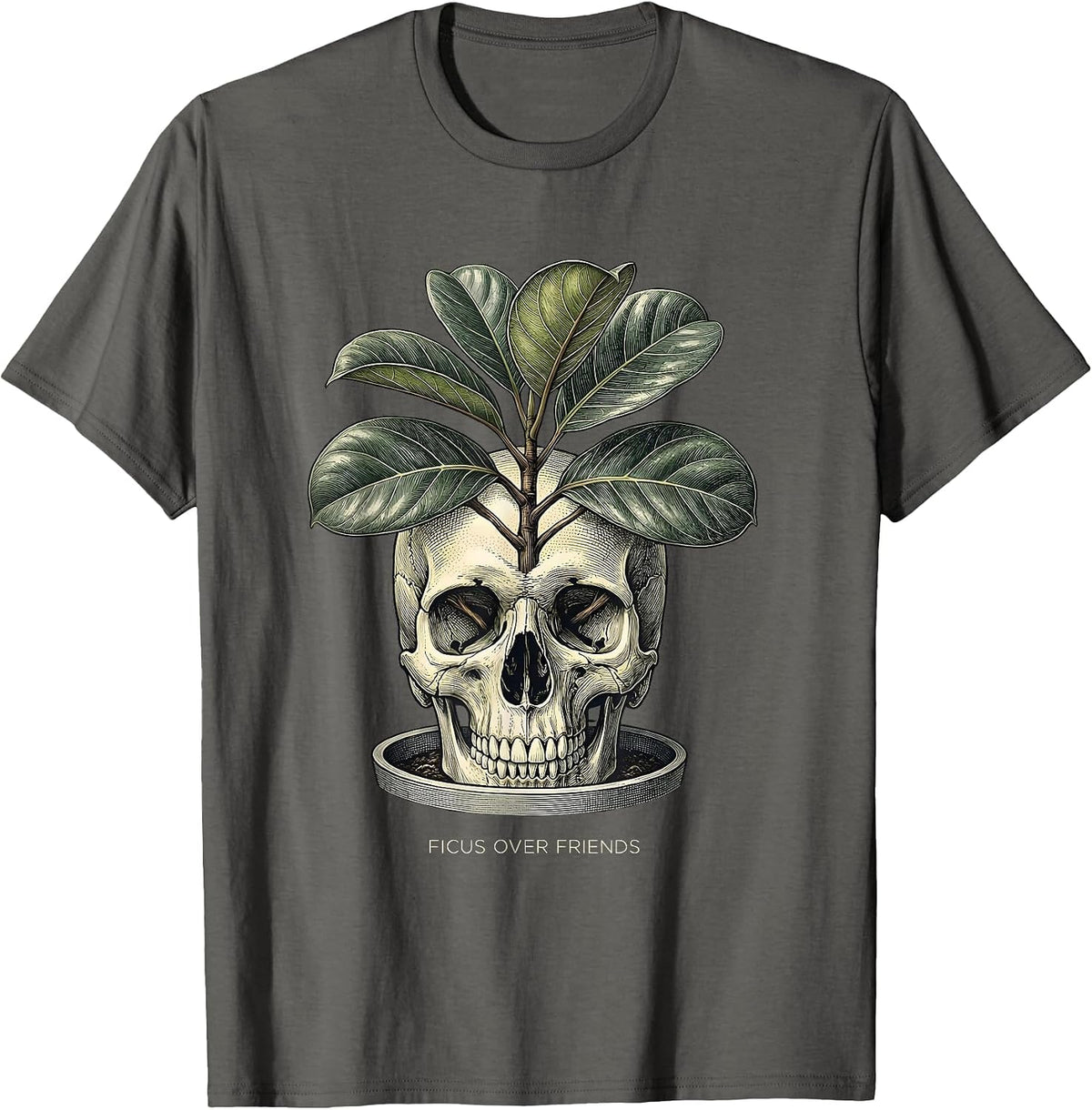 Men's Ficus Over Friends Grunge Botanical Plant Lover Skeleton T-Shirt - Asphalt Grey