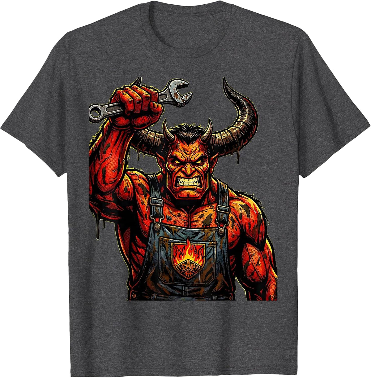 Horned Demon Mechanic Wrench Raised Graphic T-Shirt - Dark Heather Grey