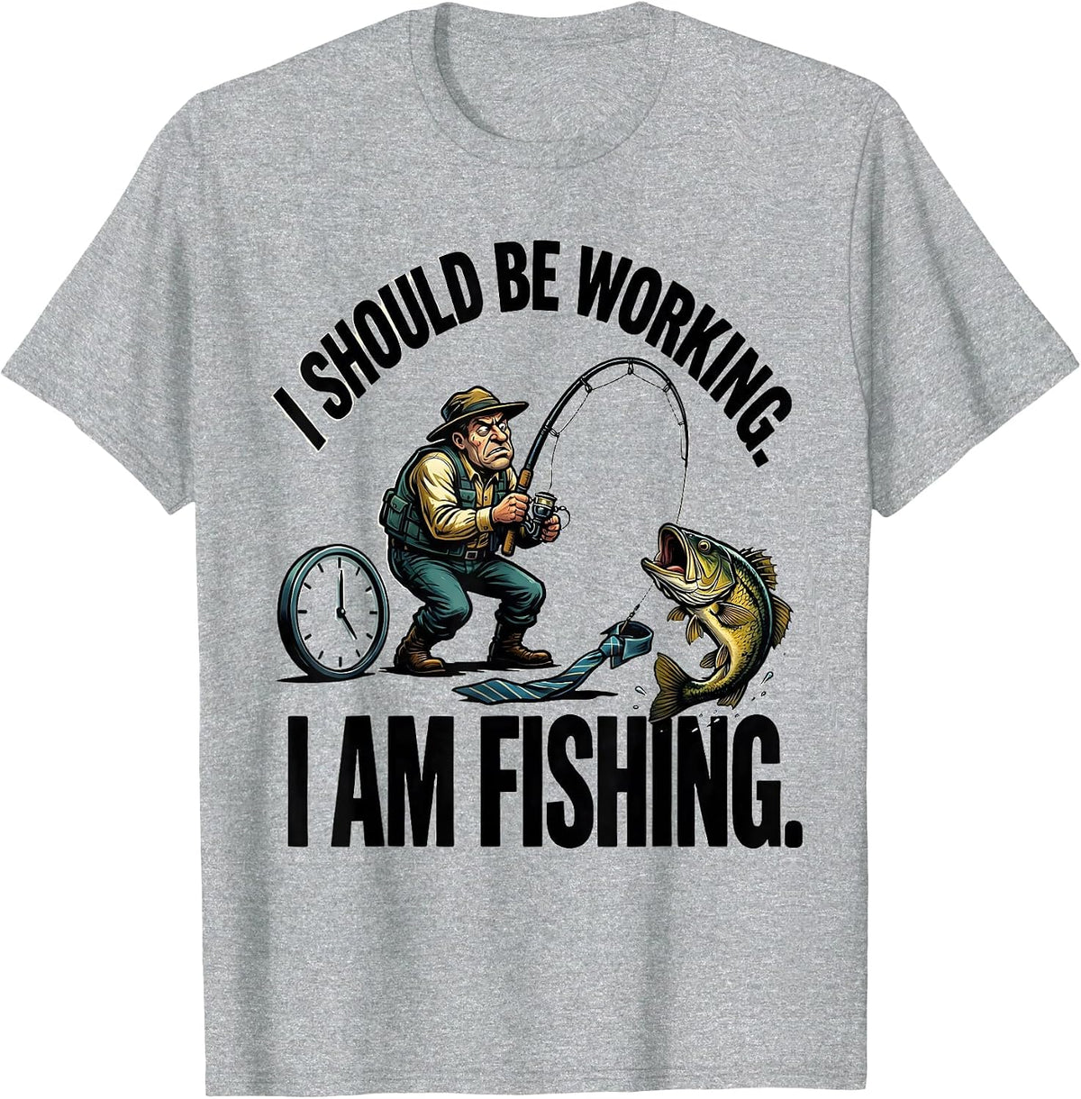 Men's I Should Be Working. I Am Fishing Funny Fisherman Humor T-Shirt - Heather Grey