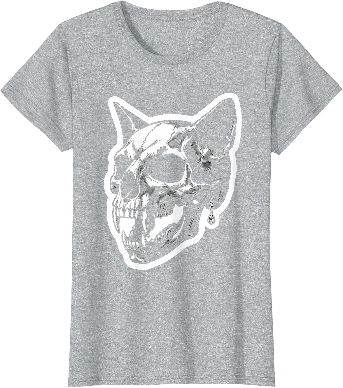 Cat Skull Diamond Earring Rock and Roll Graphic T-Shirt - Heather Grey
