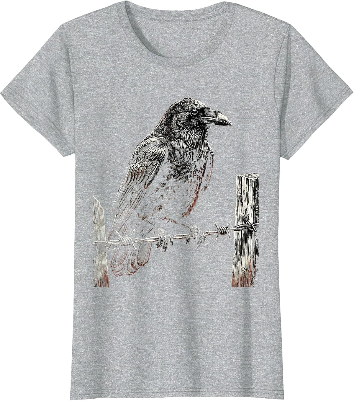 Crow on Barbed Wire Fence Illustration T-Shirt - Heather Grey