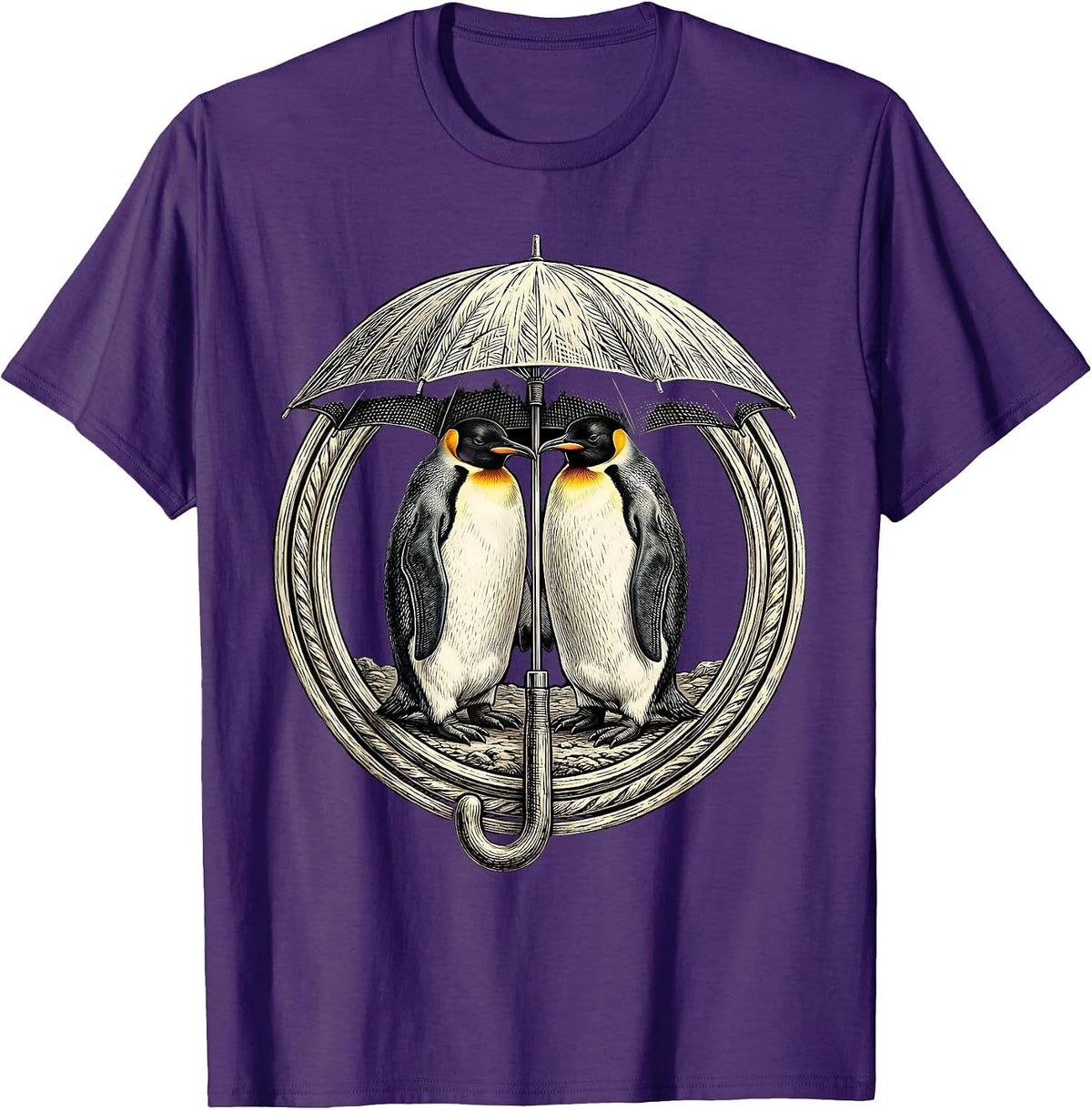 Two Penguins Sharing an Umbrella Cute Animal Art T-Shirt - Purple